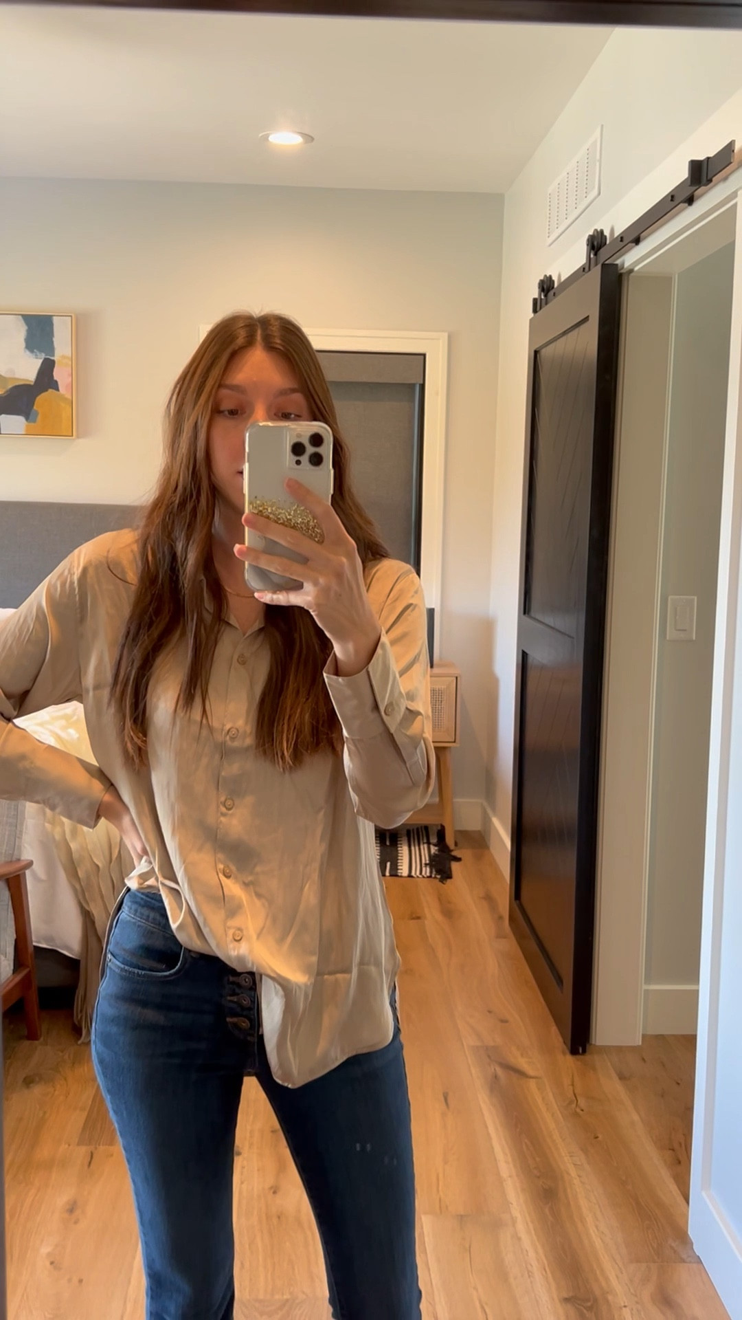 Size small tan old navy satin boyfriend shirt 
Jeans: sofia vergara from
Walmart 

#LTKfit #LTKstyletip #LTKsalealert