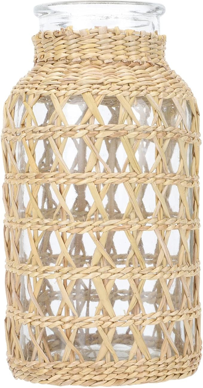 DOITOOL Glass Rattan Woven Vase, Farmhouse Decorative Glass Vase with Rattan Cover, Natural Seagr... | Amazon (US)