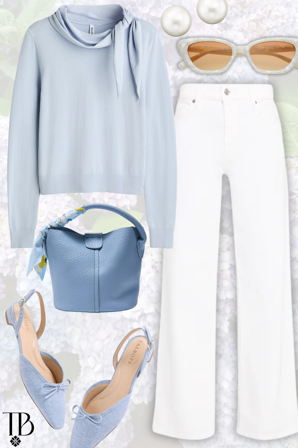Soft blue spring outfit featuring a lightweight blue sweater, white straight-leg jeans, blue slingback heels, a matching blue handbag, pearl earrings, and neutral sunglasses for a polished everyday look.

 

 #LTKdayinmylife #LTKootd #LTKSeasonal