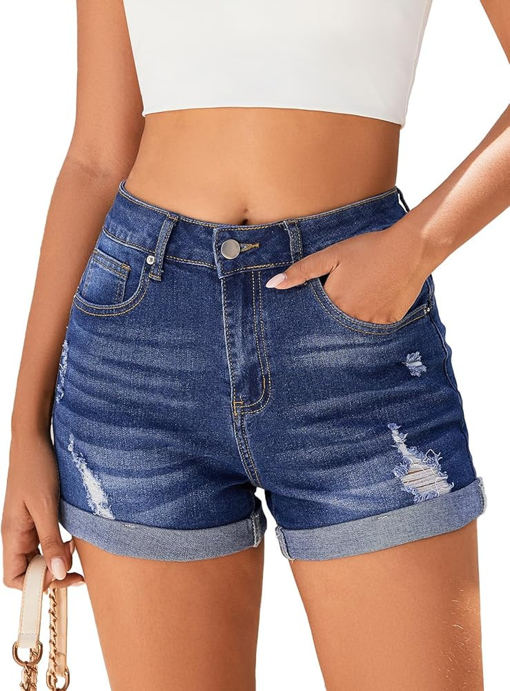 Bosmeer Women's Mid-High Rise Ripped Denim Shorts Stretchy Distressed Jean Shorts with Pockets Fo... | Amazon (US)