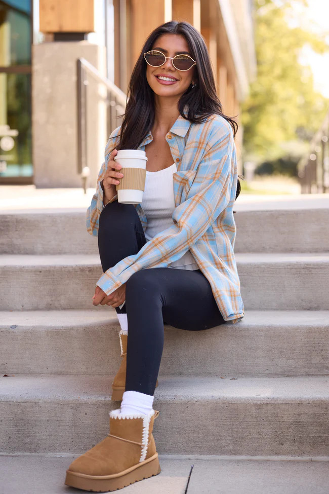 Rory Blue And Brown Plaid Flannel Button Down Top SALE | Pink Lily