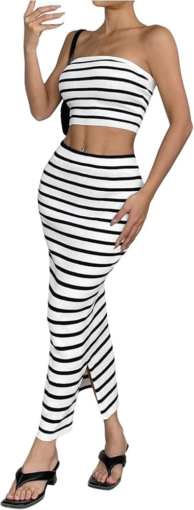 Milumia Women's 2 Piece Outfits Striped Strapless Knit Crop Bandeau Top Maxi Skirt Sets | Amazon (US)