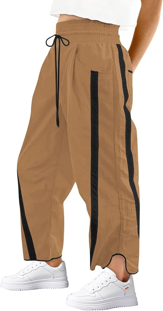 Womens Wide Leg Pants Baggy Drawstring Elastic Waist Stripe Casual Track Pants | Amazon (US)