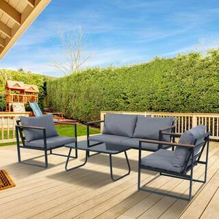 4-Piece Patio Square Metal Tube Furniture Set with Gray Cushions | The Home Depot