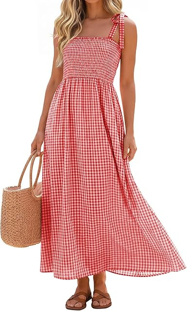 Womens Maxi Plaid Gingham Spaghetti Strap Flowy Sundress Summer Boho Casual Smocked Beach Vacatio... | Amazon (US)