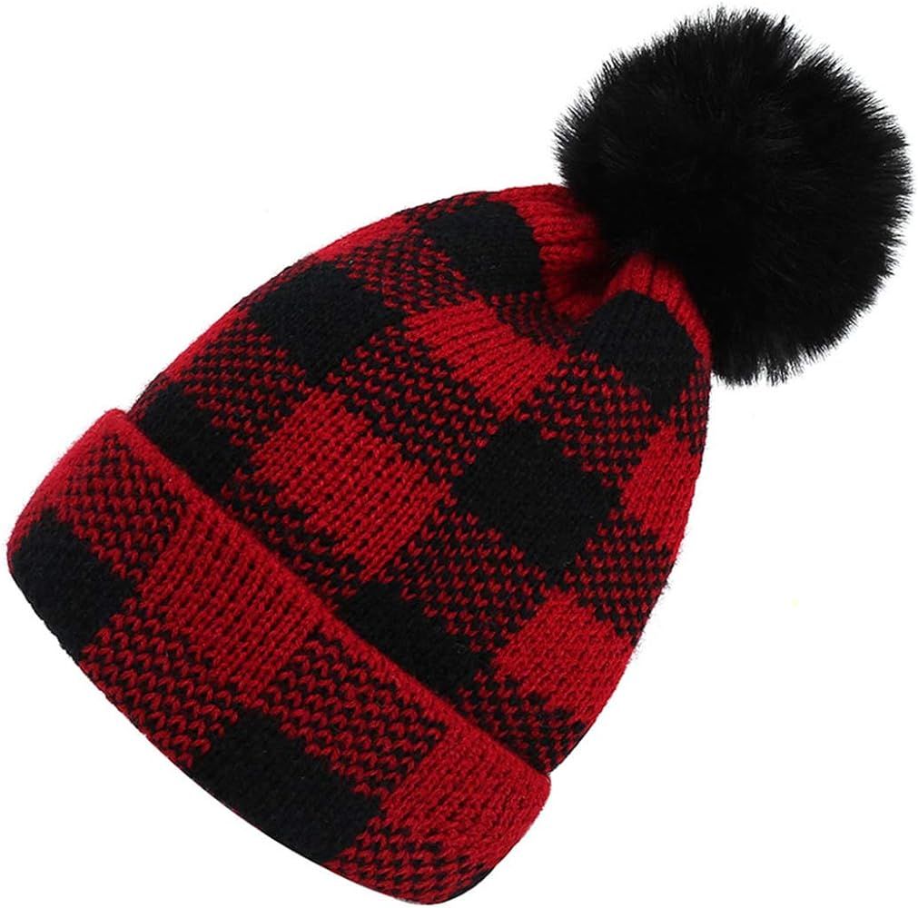 Women Red-Plaid-Buffalo Beanie-Hat Pom-Stretch-Knit - Winter Warm Slouchy Skull Cap Medium | Amazon (US)