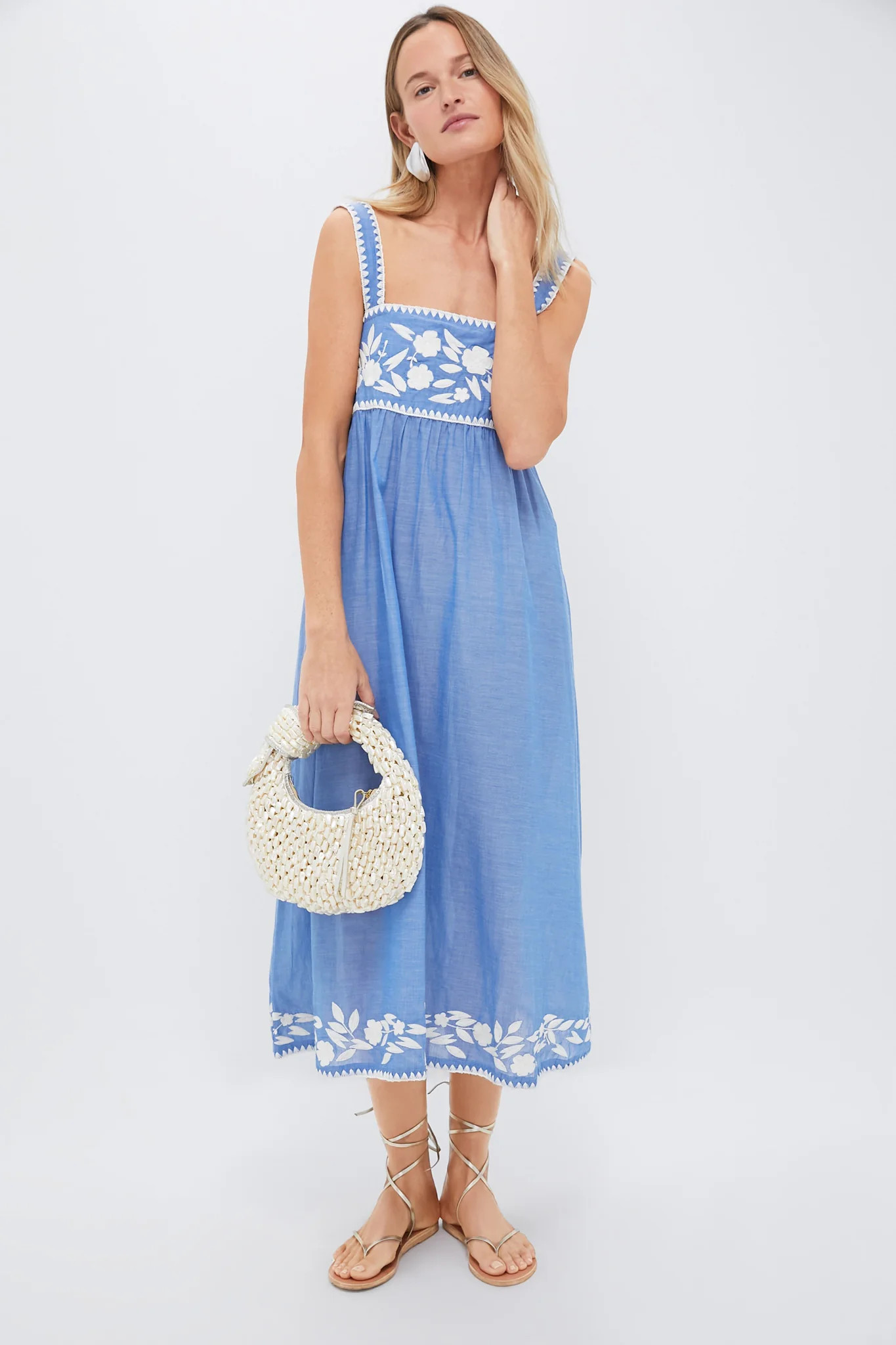 Denim and Cream Chambray Tie Back Dress with Embroidery | Tuckernuck (US)