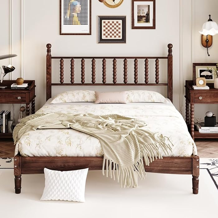 Queen Size Wood Vintage Platform Bed with Gourd Shaped Headboard,Retro Style Platform Bed with Wo... | Amazon (US)