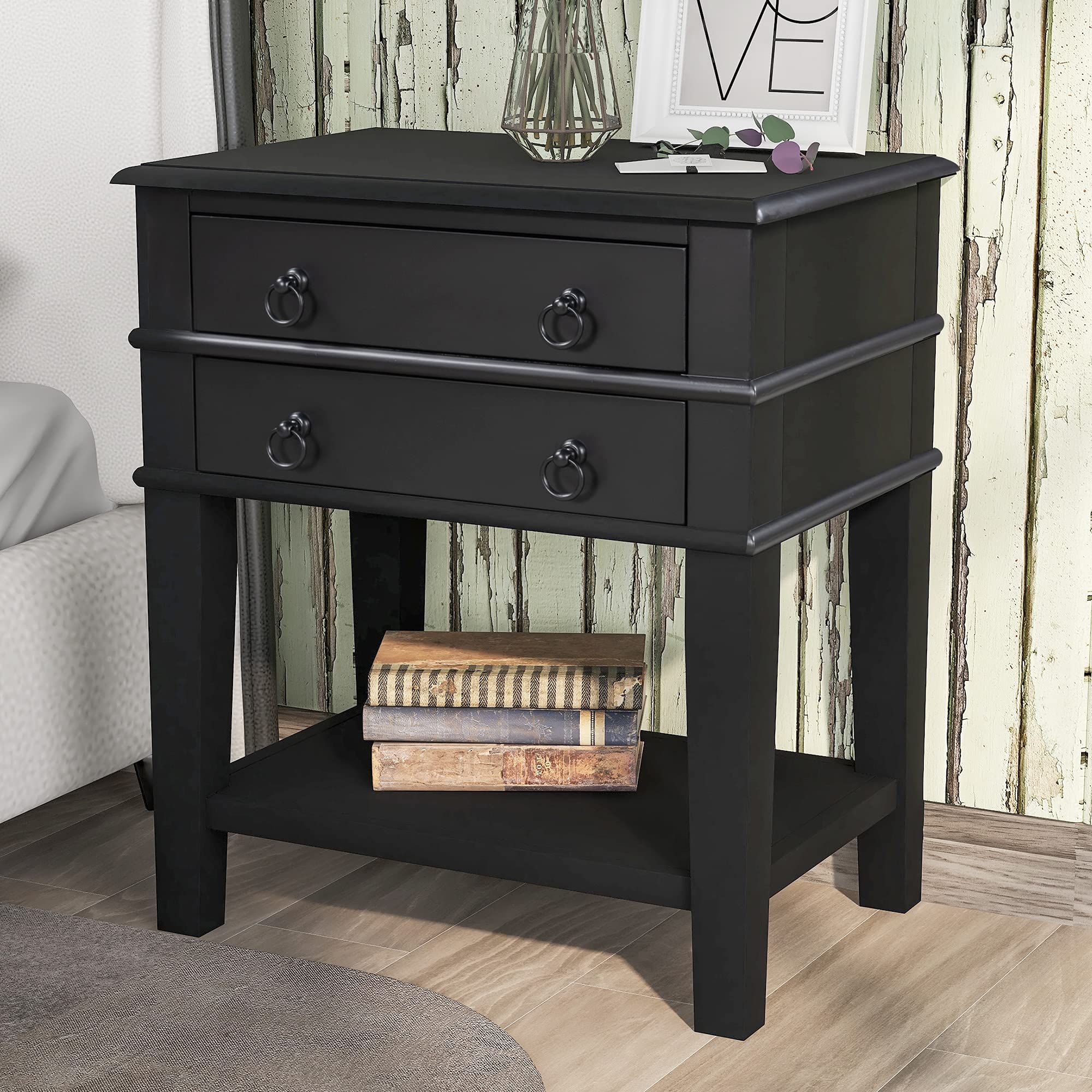 Solid Wood Side End Table, 2-Drawer Night Stand with Storage Shelf, Bedside Nightstand, Accent Table | Amazon (US)