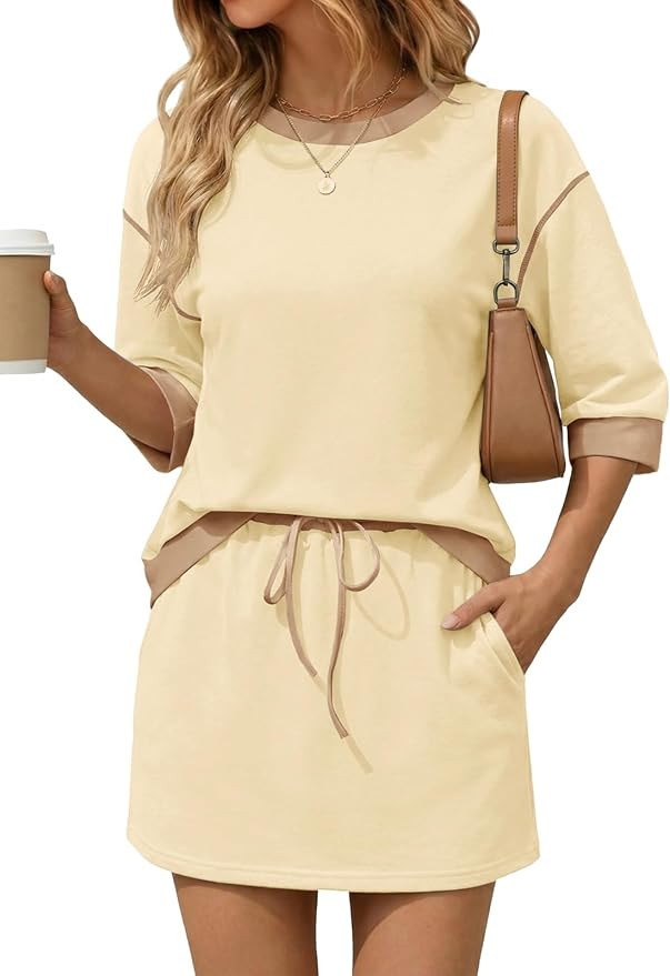 Tankaneo Womens Skirt Set 2 Piece Outfits Casual Sweatshirt Skort Set 3/4 Sleeve Color Block Matc... | Amazon (US)