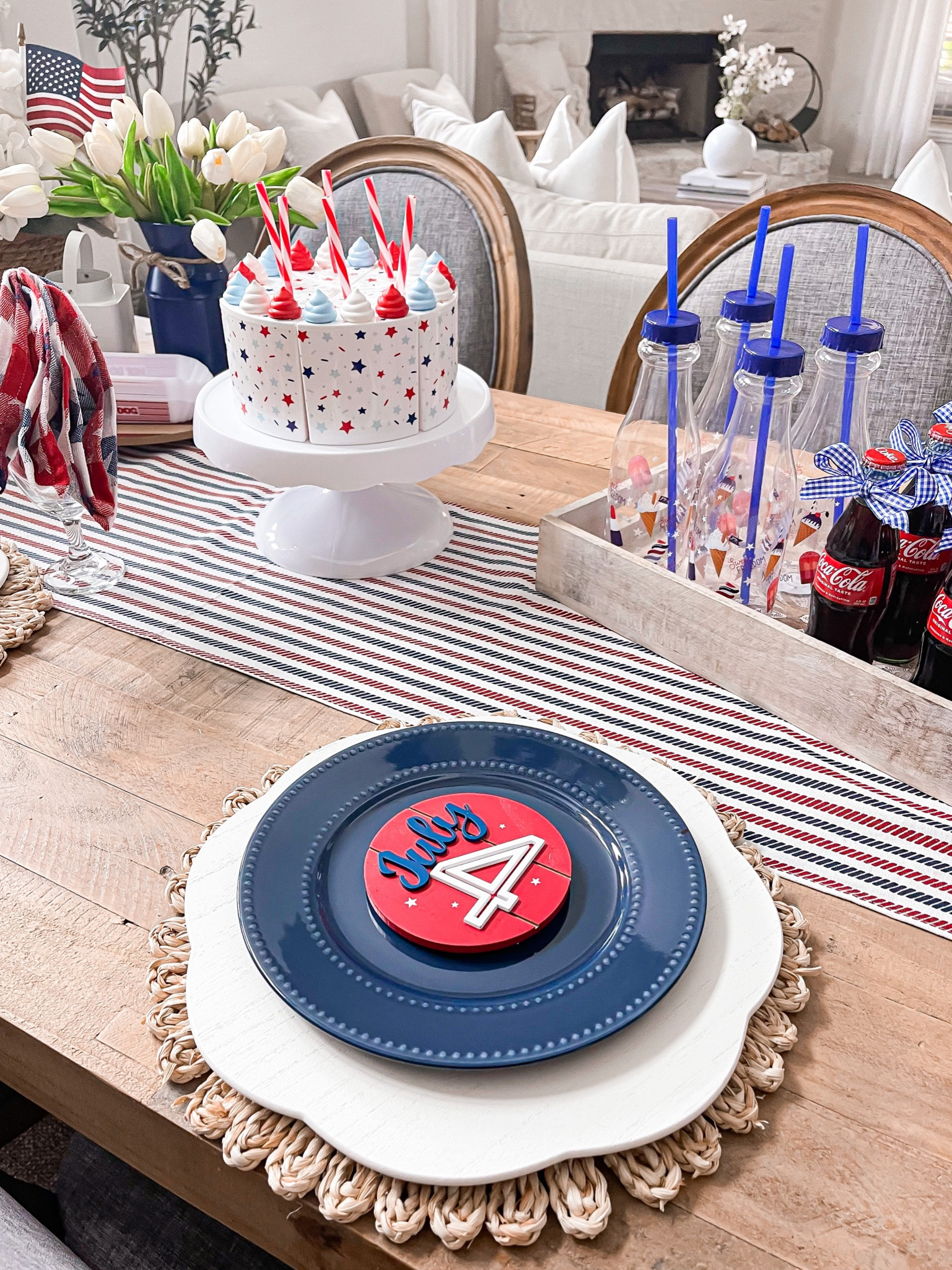 July 4th tablescape inspo 
Patriotic tablescape 
Red white and blue table setting 
The red and blue plates came from dollar tree. 

#LTKSeasonal #LTKhome #LTKunder50