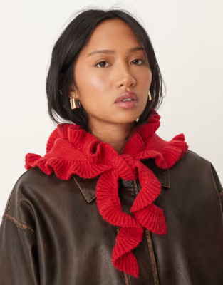 ASOS DESIGN knitted frill edge triangle scarf in red | ASOS | ASOS (Global)