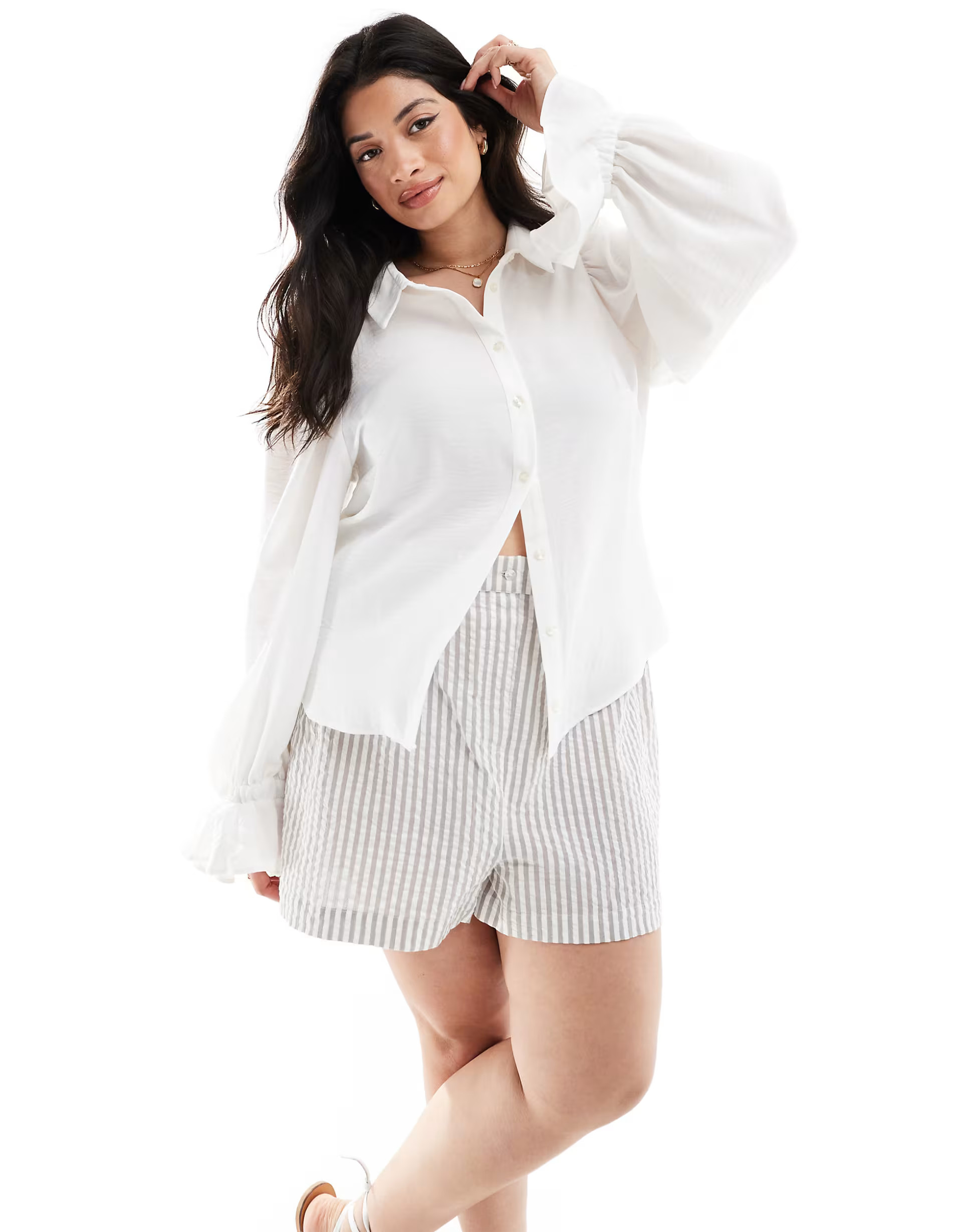 ASOS DESIGN Curve volume sleeved soft shirt with ruffle cuff in ivory | ASOS (Global)