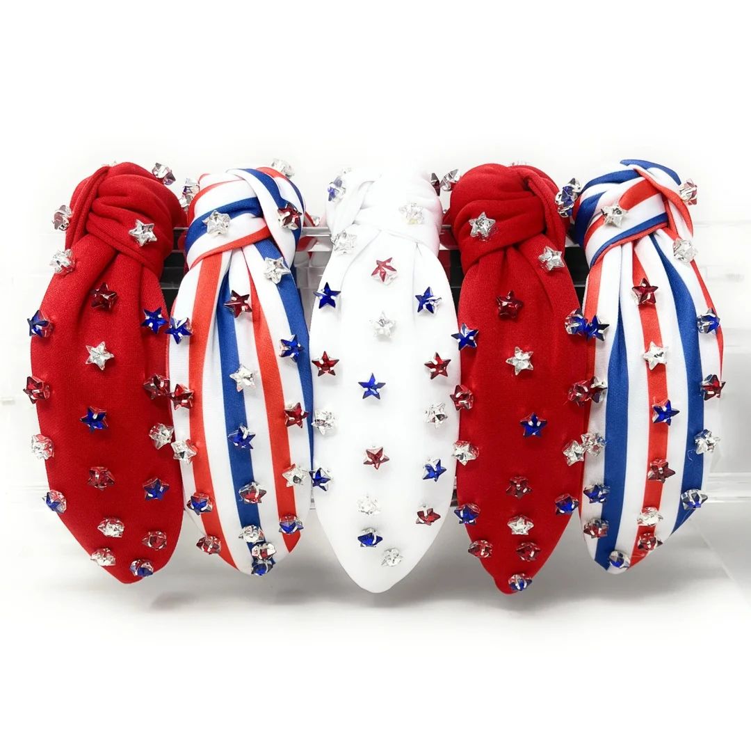 USA Star Studs Jeweled Knot Headband, Patriotic Knotted Headband, Fourth of July Embellished Head... | Etsy (US)