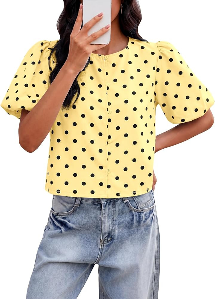 Tankaneo Womens Cropped Tops Puff Sleeve Casual Button Down Shirts Blouse | Amazon (US)