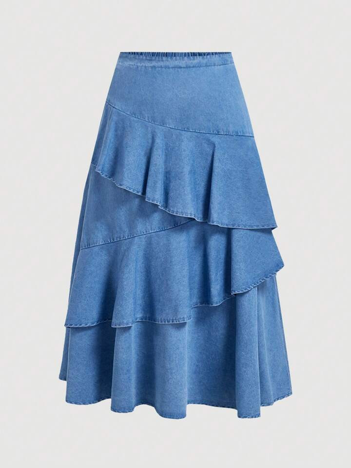 SHEIN MOD Plus Size Denim Skirt Renchies Vintage Midi-Length Layered Sweet Ruffle Hem Blue Fairy ... | SHEIN