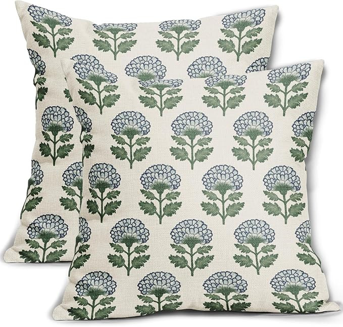 Blue Green Floral Block Print Pillow Covers 18x18 Set of 2 Flower Pattern Cream Spring Summer Dec... | Amazon (US)