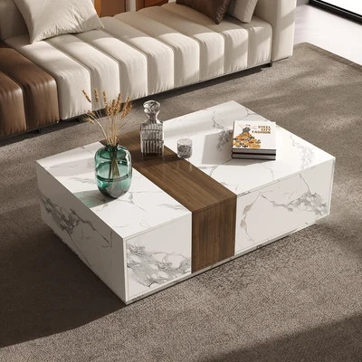 Wood Block Coffee Table Marble & Walnut Veneer in White with 2 Drawers-Homary | Homary
