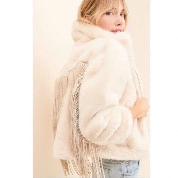 Anthropologie Blue Revival Fringe Faux Fur Bomber Jacket Coat size M | Poshmark