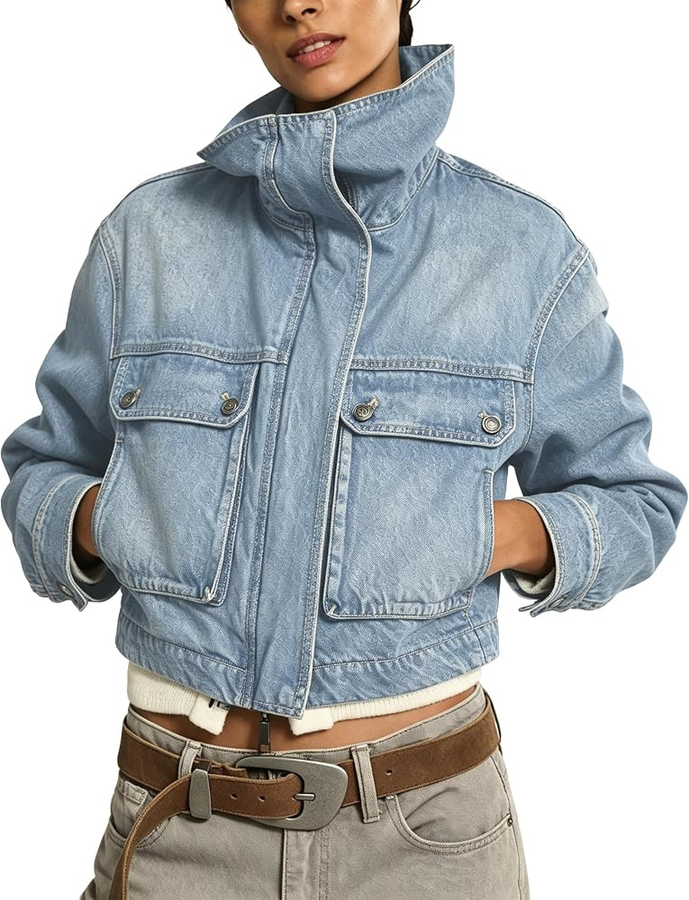 Womens Cropped Jean Denim Bomber Jackets | Amazon (US)