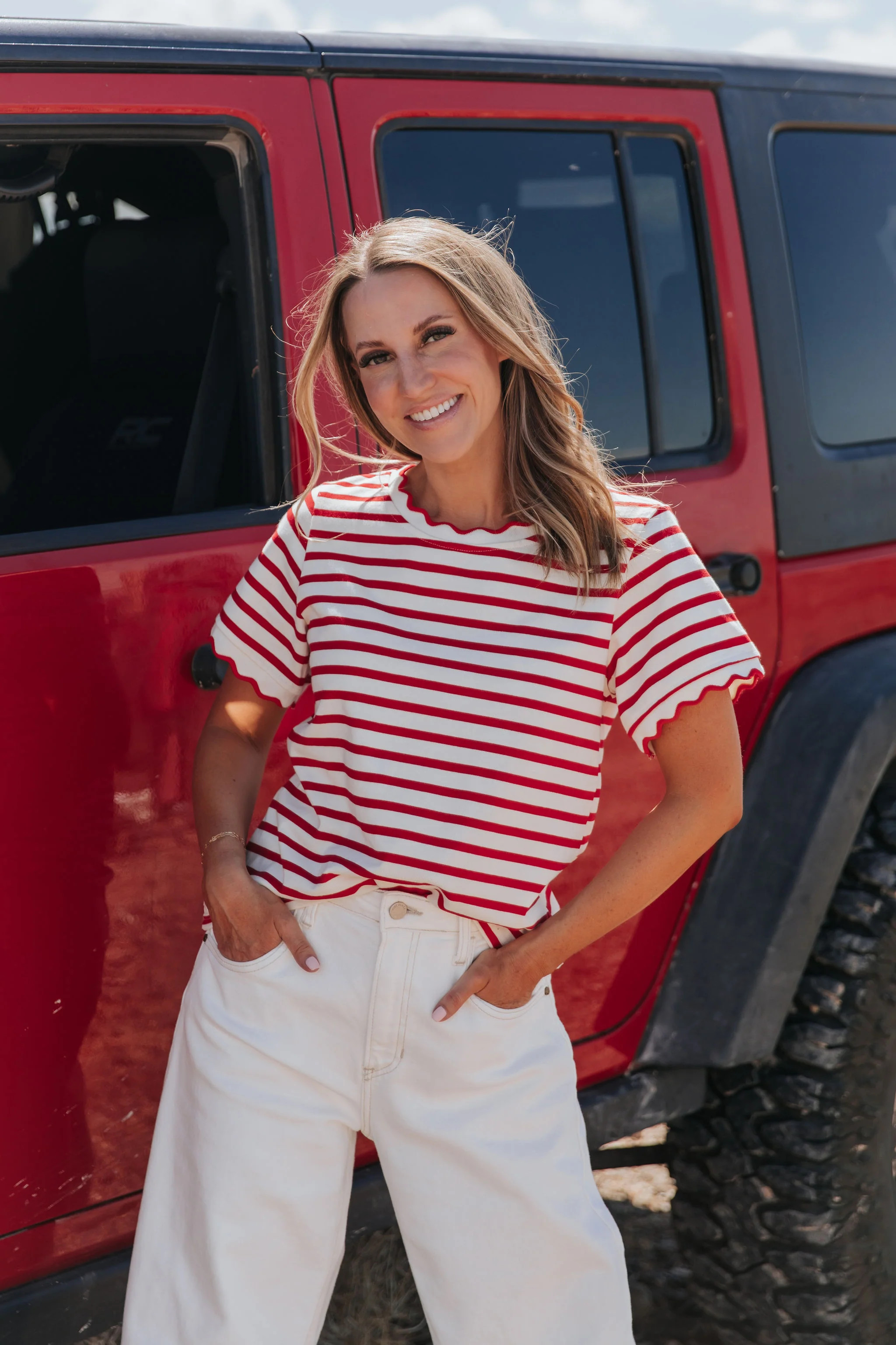 THE RORY SCALLOPED STRIPE TOP IN RED | Pink Desert
