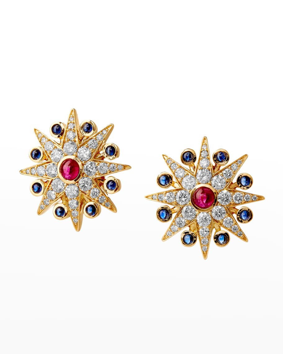 Yellow Gold Cosmic Earrings with Rubies, Blue Sapphires and Champagne Diamonds | Neiman Marcus