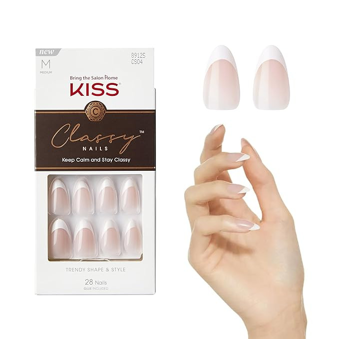 KISS Classy Press On Nails, Nail glue included, 'Dashing', Light White, Medium Size, Almond Shape... | Amazon (US)