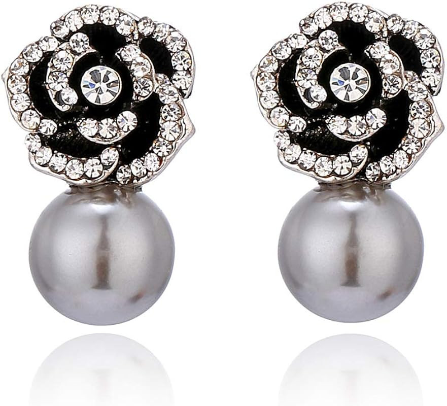 Women Faux Imitation Pearl Rhinestone Rose Stud Earrings | Amazon (US)