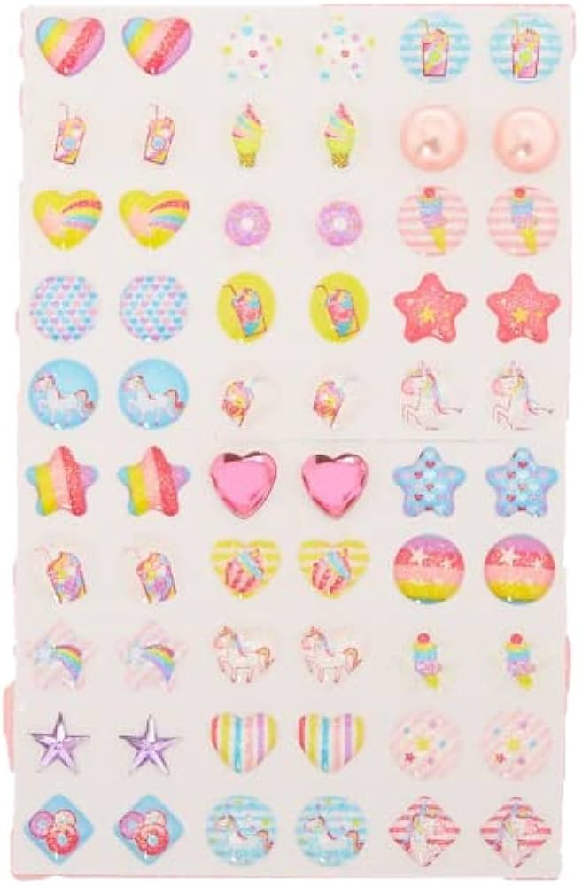 Claire’s Club Stick-On Earrings – 30 Pairs of Colorful 3D Hearts, Stars, and Unicorn Stick-On... | Amazon (US)