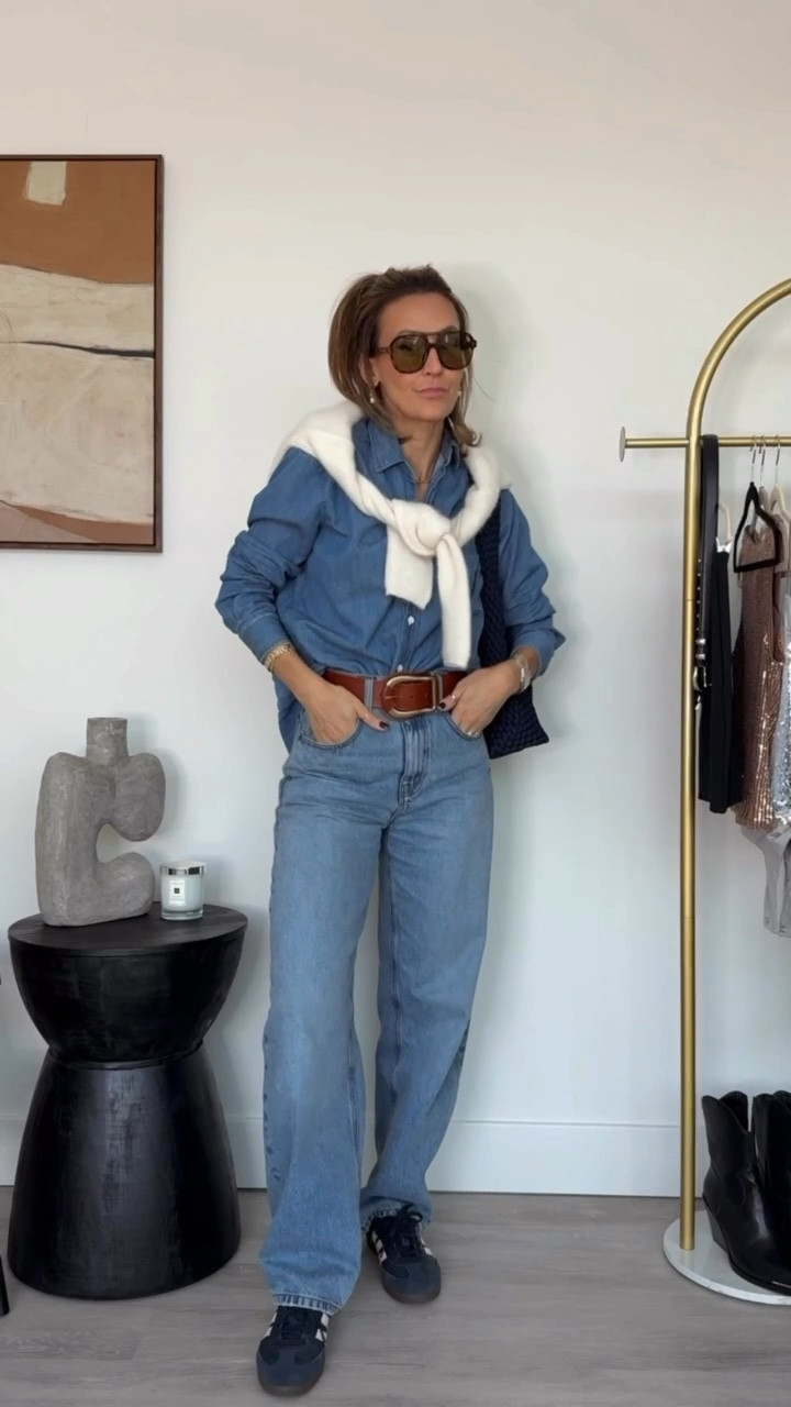 Denim on denim is in and I am here for it! This layered outfit would be easy to add a winter coat or puffer vest to — and it will be such a cute go-to come spring! A denim button down shirt is such a classic to have in your wardrobe. You can even wear it with the buttons open with a tank underneath. Also, Samba sneakers are still having a major moment in the spotlight (and I think they’ll be even more in trend as the weather warms up!) 

#LTKStyleTip #LTKShoeCrush #LTKFindsUnder100