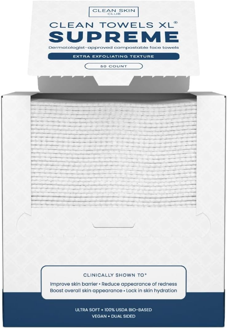 Clean Skin Club Clean Towels XL® Supreme, 100% USDA Biobased Face Towel, Disposable Face Towelette, Eczema Association Accepted, Thicker Textured Dry Wipes, Ultra Absorbent & Soft, 1 Pack, 50 Ct | Amazon (UK)