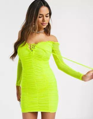 Love & Other Things ruched lace up mini dress in neon green | ASOS (Global)