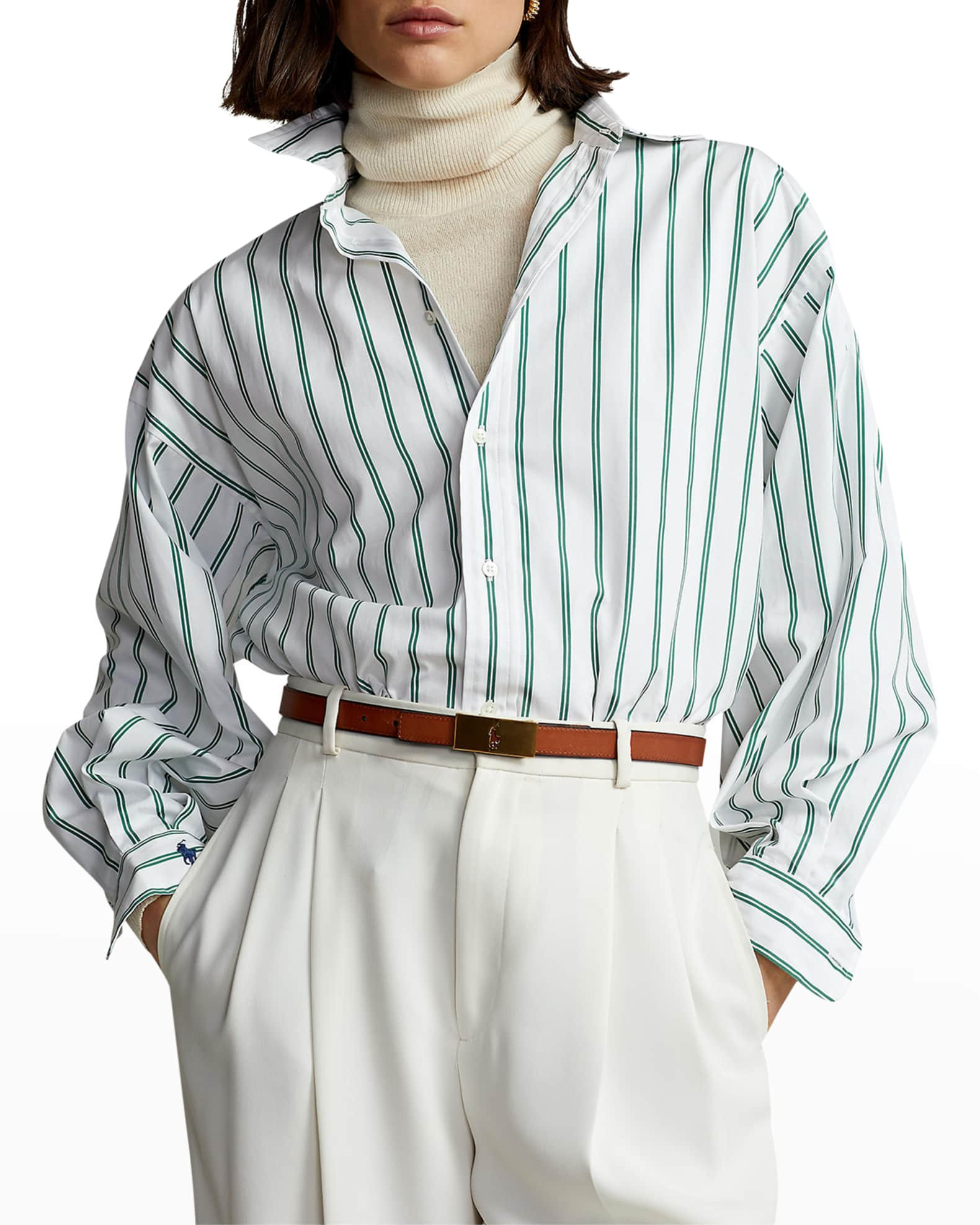 Polo Ralph Lauren Striped Blouson-Sleeve Cotton Shirt | Neiman Marcus