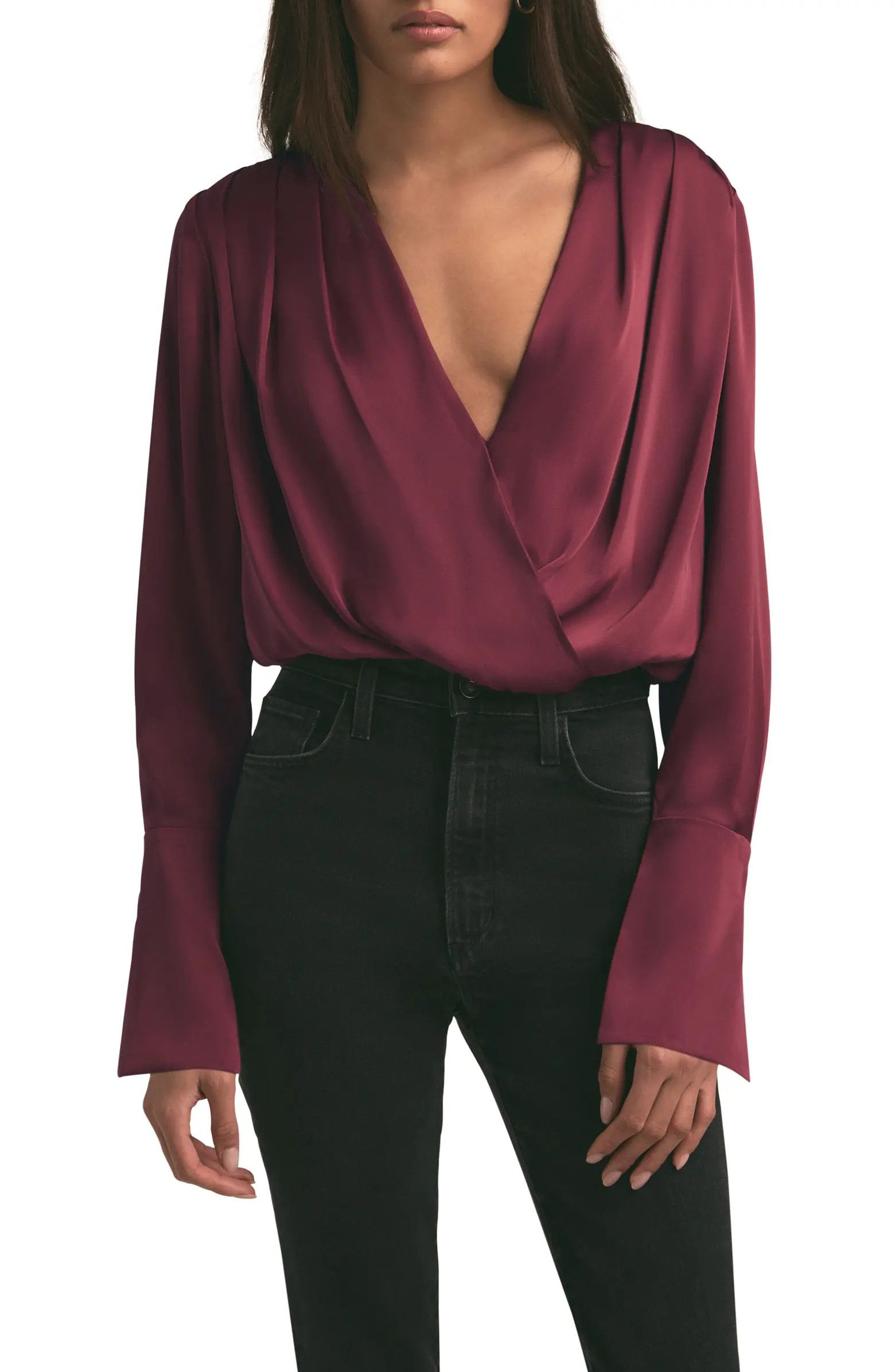 Surplice Long Sleeve Satin Bodysuit | Nordstrom