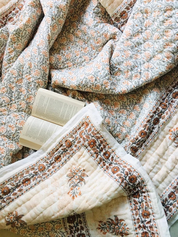 Handblock Print Handmade Queen Floral Cotton Quilted Quilt - Etsy | Etsy (US)