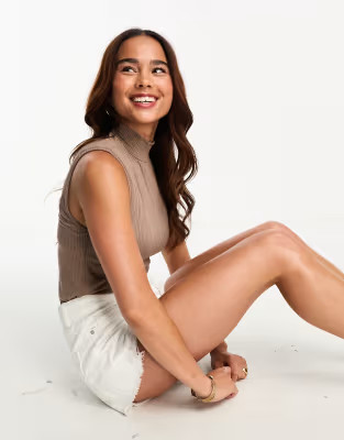 Vero Moda high neck ribbed sleeveless top in brown | ASOS (Global)