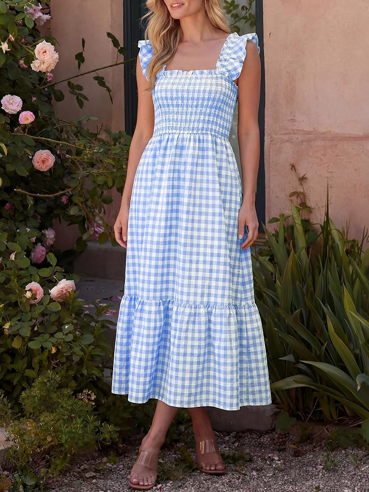 Caracilia Womens Summer Casual Maxi Dress Ruffle Spaghetti Strap Gingham Smocked Long Dresses 202... | Amazon (US)