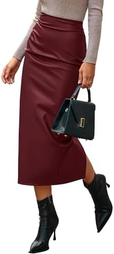 BTFBM Skirts for Women Trendy Fall 2025 Elastic Waist Ruched Bodycon Slit Pencil Midi Leather Ski... | Amazon (US)