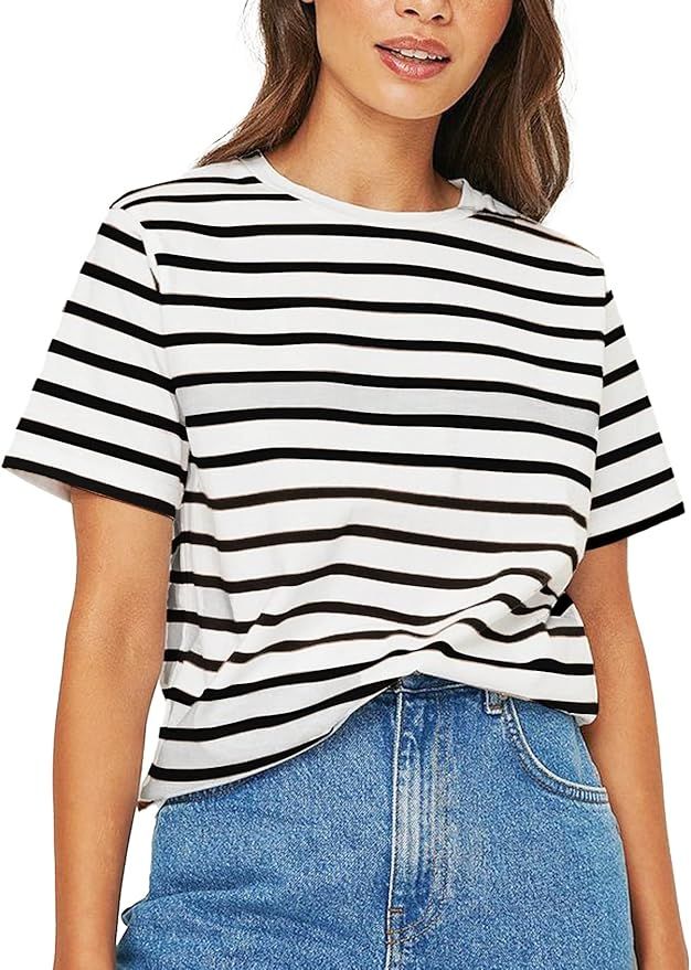 PEHMEA Women's Striped Print t Shirt Short Sleeve Crew Neck Tee Summer Basic Tees for Women | Amazon (US)