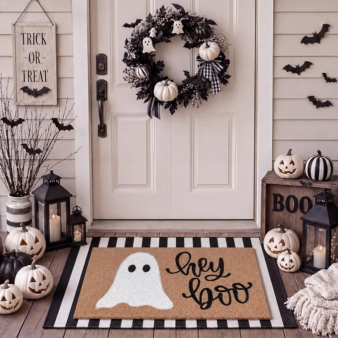 Tinideya 2 Pcs Halloween Door Mat Outdoor Layerd Ghost Welcome Mat | Hey Boo Ghost Coir Welcome M... | Amazon (US)