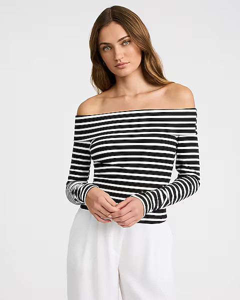 Striped Off The Shoulder Ribbed Sweater | Express