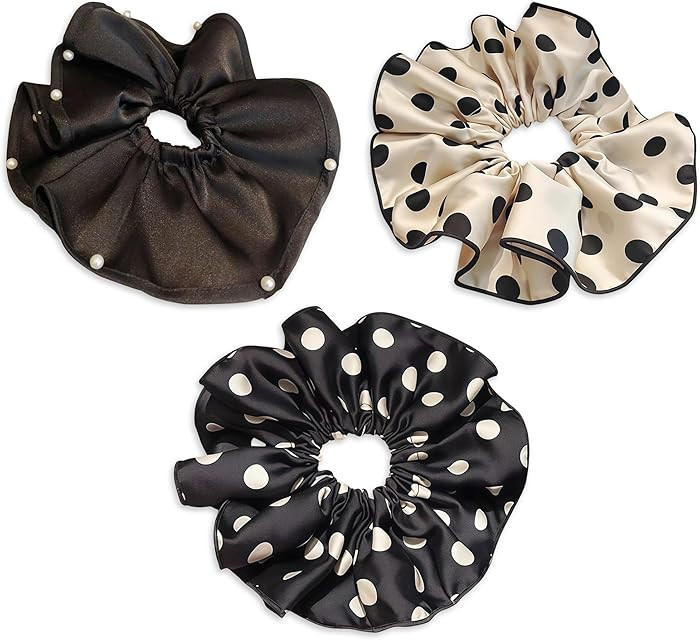 3 PCS 7.9 Inches Oversized Satin Scrunchies with Pearl and Polka Dot, Jumbo Large Hair Ties & Pon... | Amazon (US)