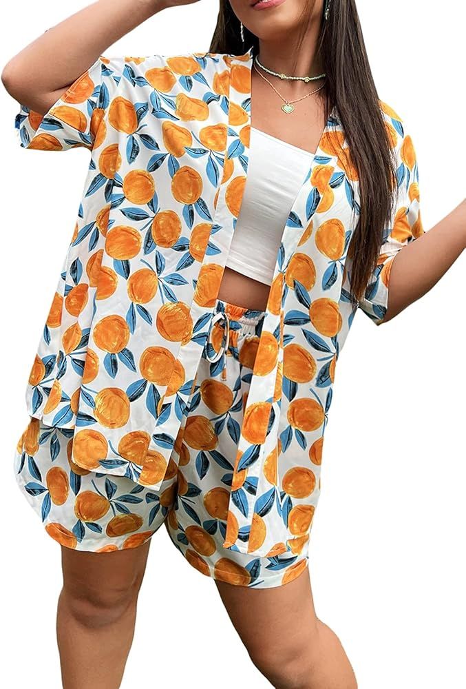 Floerns Women's Plus Size 2 Piece Outfit Tropical Print Kimono Top and Shorts Set | Amazon (US)