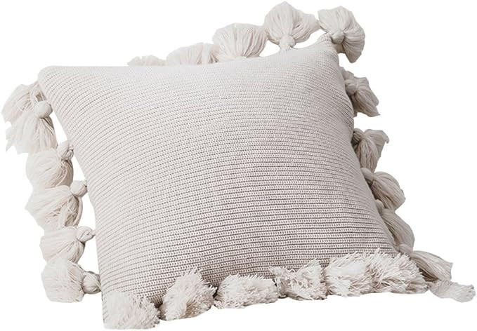 DOKOT Knit Boho Throw Pillow Covers, Woven Decorative Fringe Throw Pillow with Pom Poms Tassels, ... | Amazon (US)
