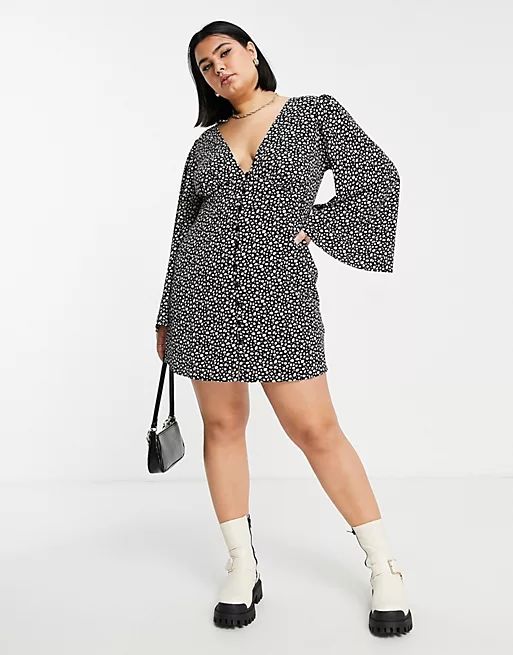 ASOS DESIGN Curve button through mini dress with 70s sleeve in black animal spot print | ASOS (Global)