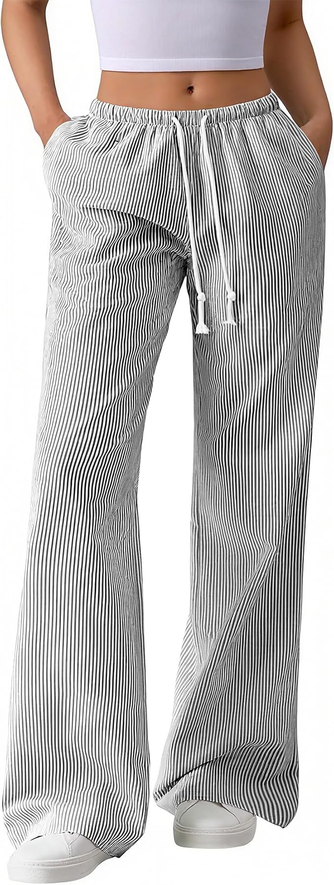 BTFBM Striped Wide Leg Pants For Women Summer, PJ Beach Bottoms, Lightweight Drawstring Lounge Ca... | Amazon (US)