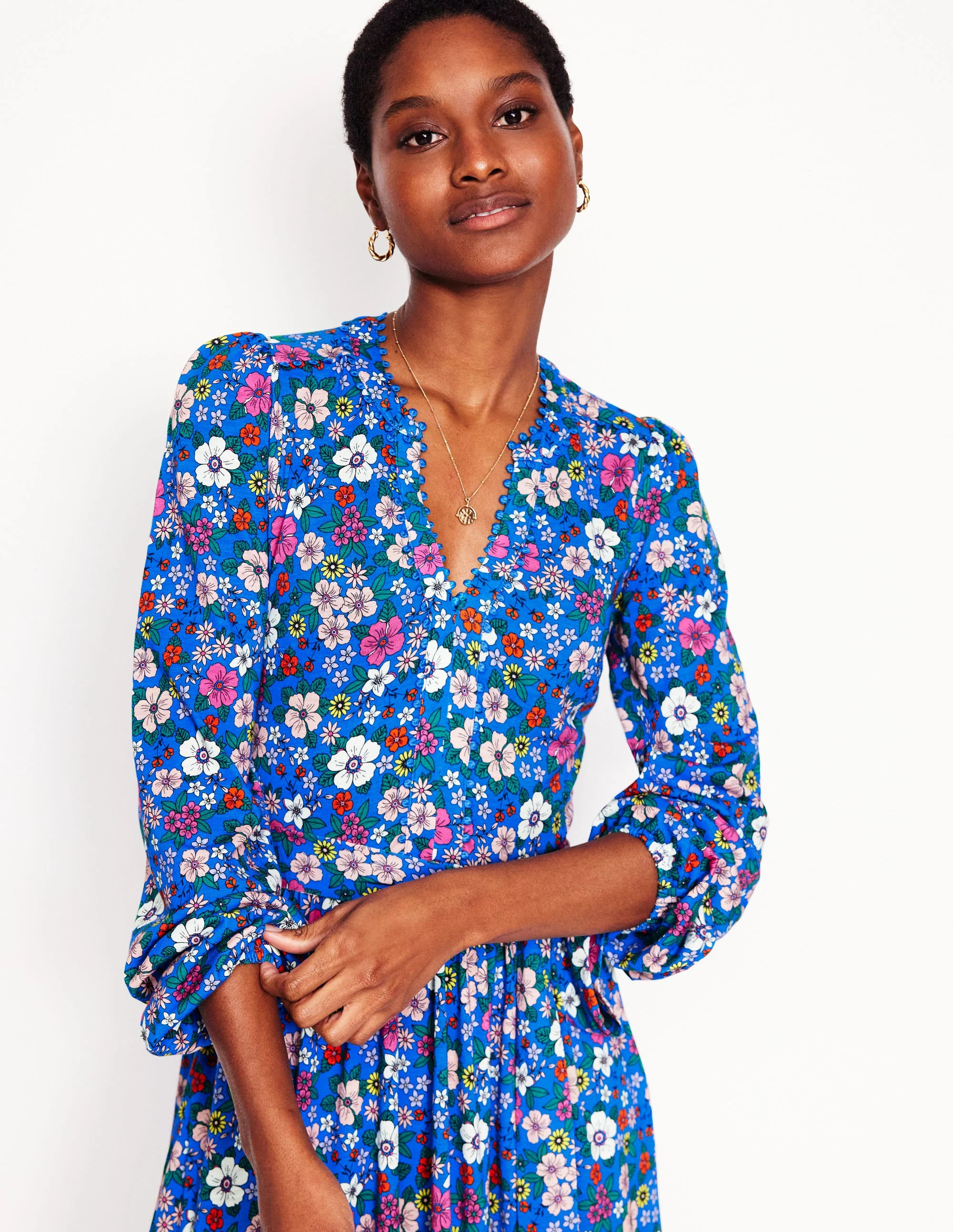 Maeve Trim Jersey Midi Dress-Gallery Blue, Blossom Scatter | Boden (US)