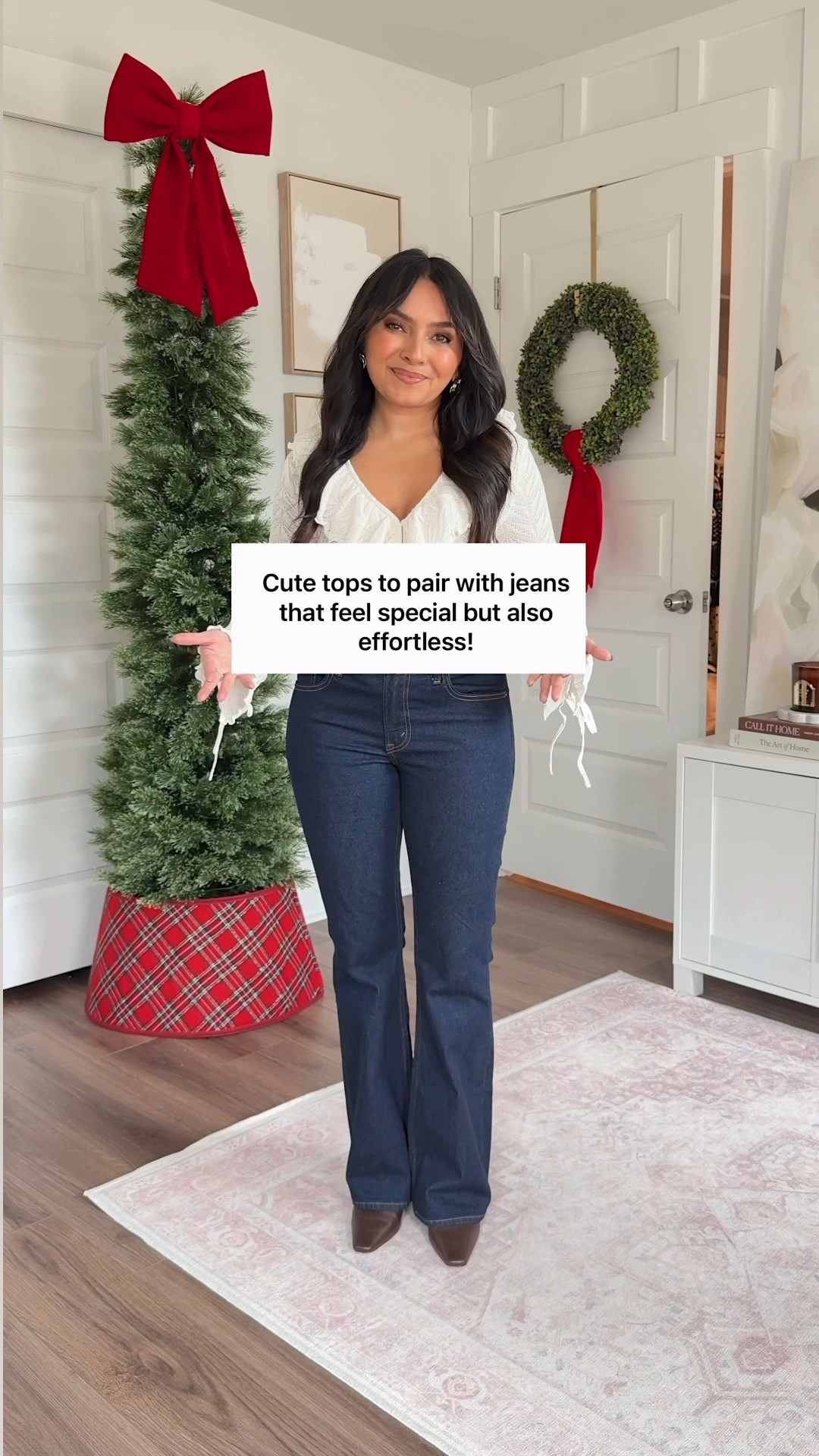 Cute going out tops to pair with jeans! Use code HOLIDAYRUSH for an extra 15% off jeans! 
For reference: I’m 5’0, 32b bra size, and 2/26 in bottoms, pear shaped. 
*Everything I share is unaltered! TTS means true to size. Between size 5-6.6 in shoes

White lace top size xs petite TTS
Black tie neck top size xxs TTS
Ivory sand lace ruffle top size xs petite TTS
Burgundy pome fruit color off the shoulder top size xxs regular TTS
White ruffle tie cuff top size xs petite TTS
Dark rinse mid rise bootcut jeans size 26 short TTS
Dark brown belt size 27-31” TTS
Black studded belt size xs TTS
Dark brown leather boots size 5.5 TTS
Black heels size 5 TTS
Cafe brown cowgirl boots size 5.5 - size down a half size
Black boots size 5.5 TTS
Black buckle belt size xs TTS
Dark brown leather boots size 5.5 TTS


tops to wear with jeans
cute tops for jeans
casual chic outfits
effortless outfit ideas
date night tops
holiday tops
petite friendly tops
fall tops 2025
winter tops 2025
elevated casual outfits
everyday outfits for petites
jeans outfit ideas
dressy casual outfits
Top with jeans 
cute going out tops
Girls night outfit
Rachel Miranda Blog
Honeysweetpetite
Honey Sweet Petite










#LTKSaleAlert #LTKPetite #LTKGiftGuide