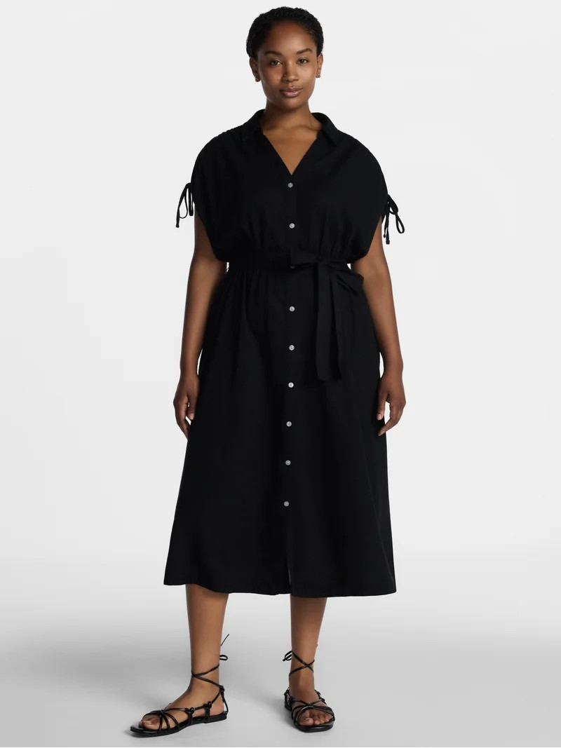 Time and Tru Women's Midi Linen Blend Shirt Dress with Short Sleeves, Sizes XS-XXXL | Walmart (US)