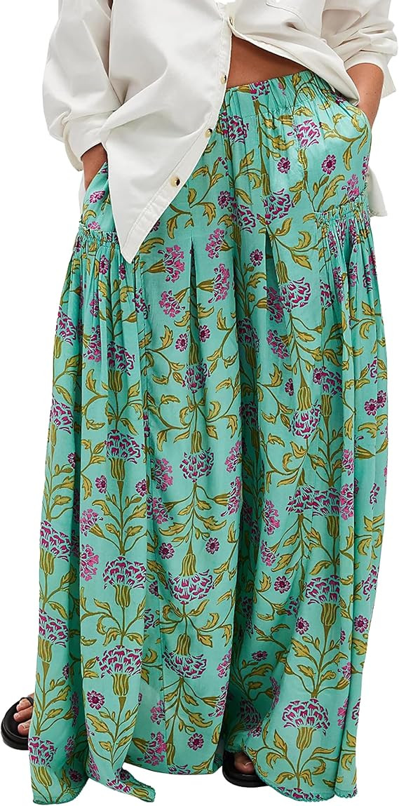 Womens Wide Leg Pants Flowy High Elastic Waist Loose Printed Beach Boho Yoga Casual Long Trousers | Amazon (US)